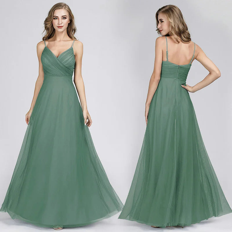 Gorgeous Dusty Blue V-Neck Prom Dress Long Tulle Evening Party Gowns-BallBride