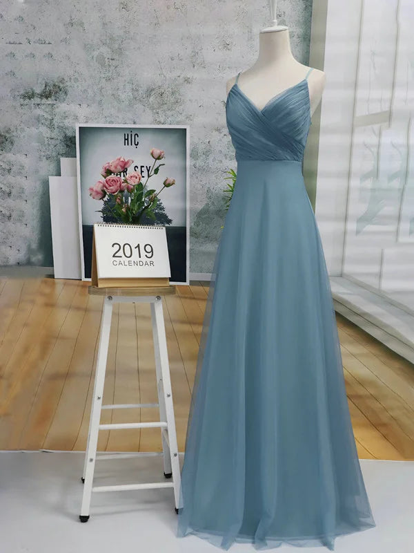 Gorgeous Dusty Blue V-Neck Prom Dress Long Tulle Evening Party Gowns-BallBride