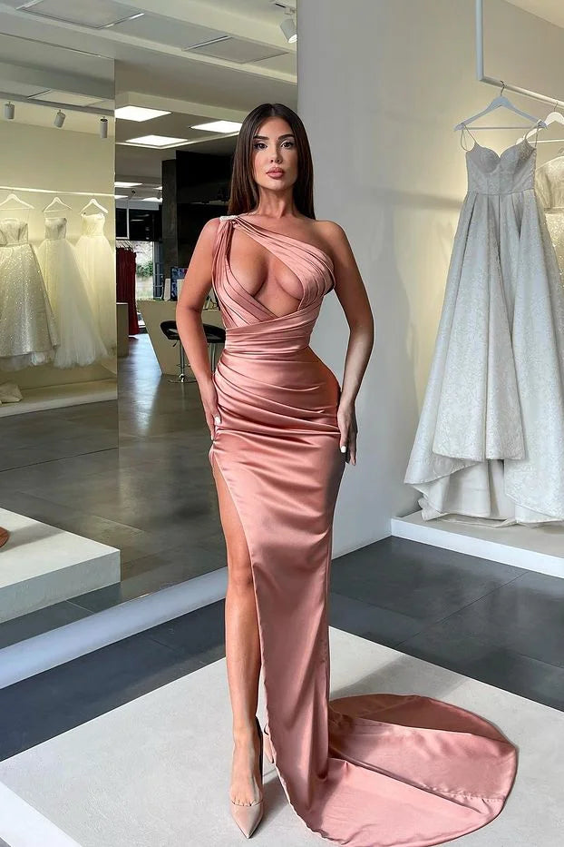 Gorgeous Dusty Pink One Shoulder Mermaid Evening Dress Keyhole With Slit-BallBride