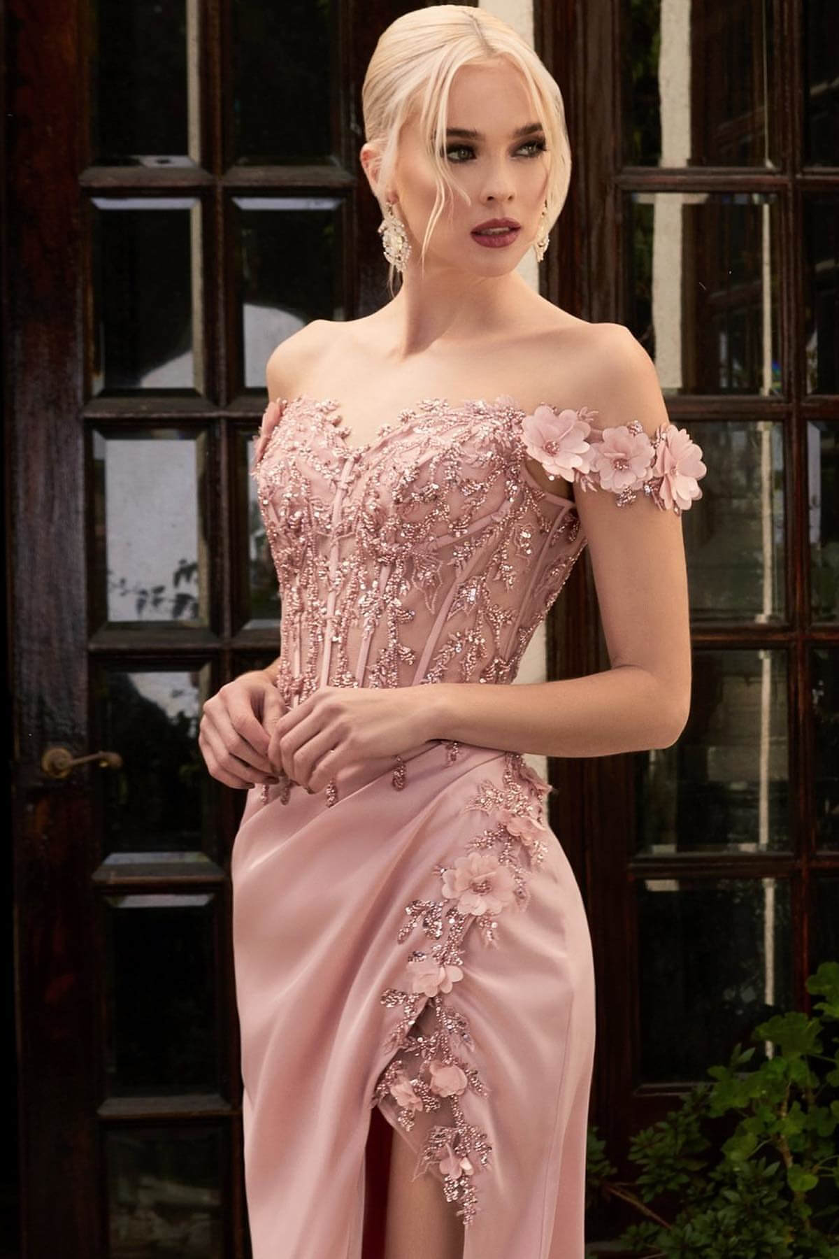 Gorgeous Dusty Pink Prom Dress with Off-the-Shoulder Slit and Appliques-BallBride