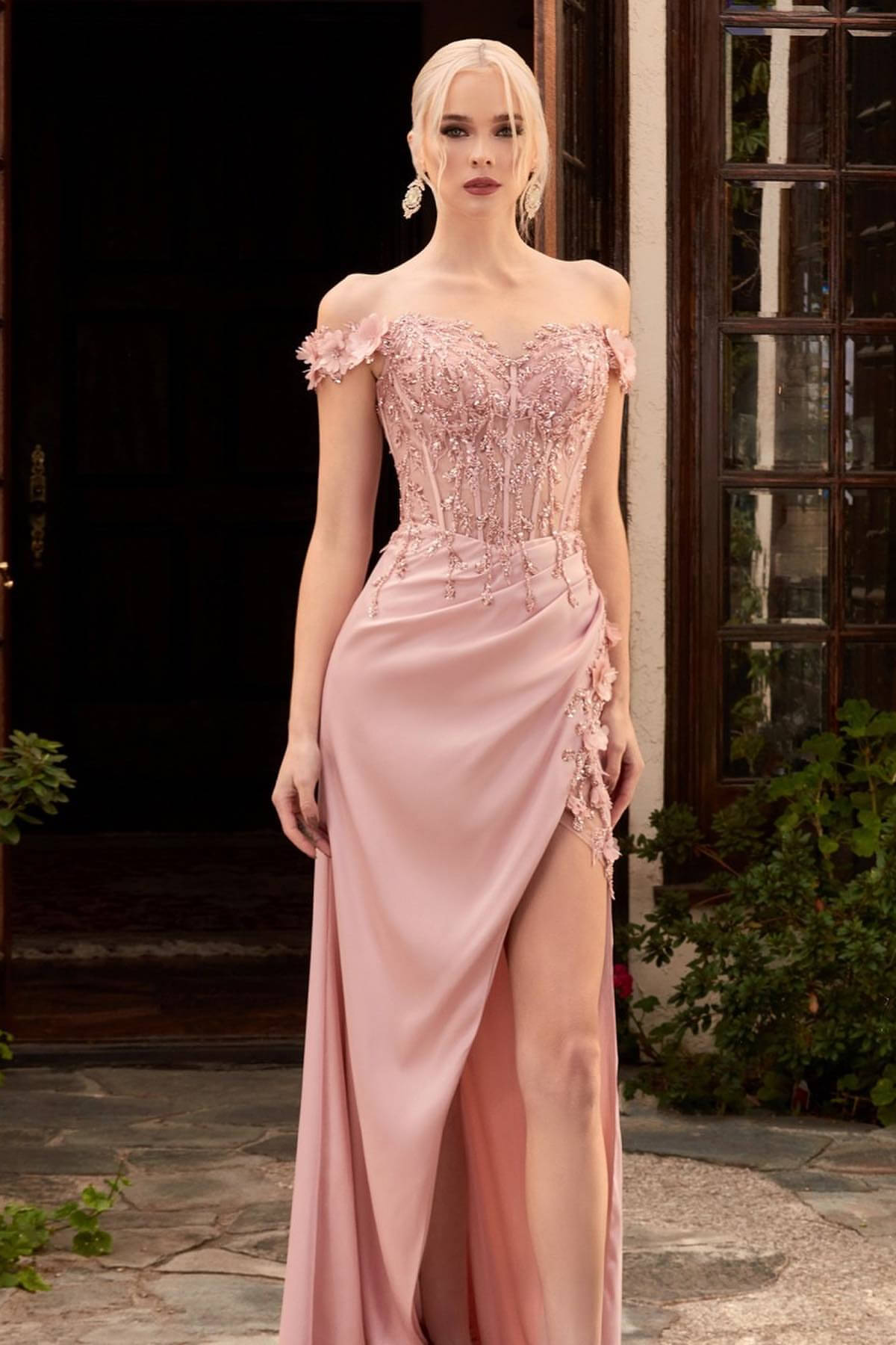 Gorgeous Dusty Pink Prom Dress with Off-the-Shoulder Slit and Appliques-BallBride