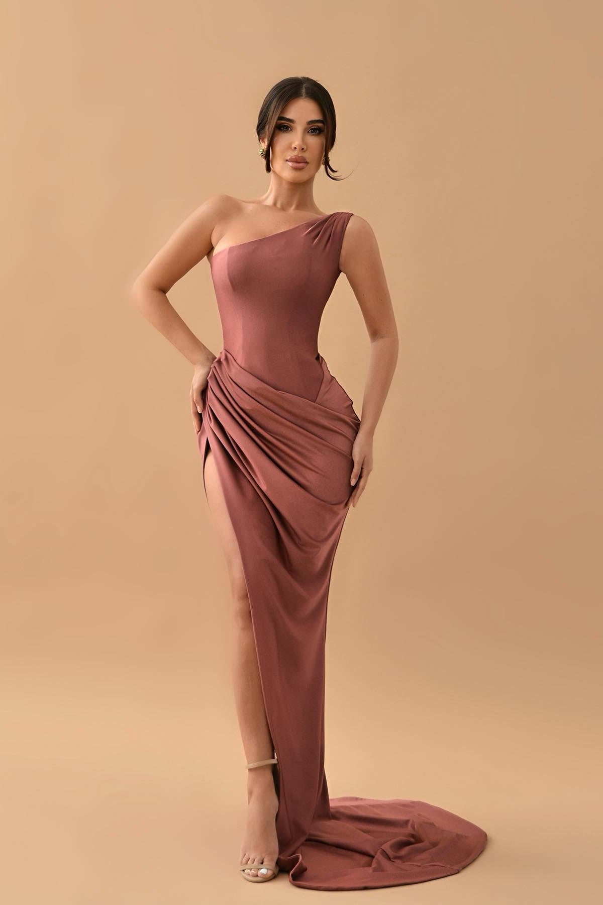 Gorgeous Dusty Rose One-Shoulder Mermaid Prom Dress with Pleats and Sp Gorgeous Dusty Rose One-Shoulder Mermaid Prom Dress with Pleats and Sp