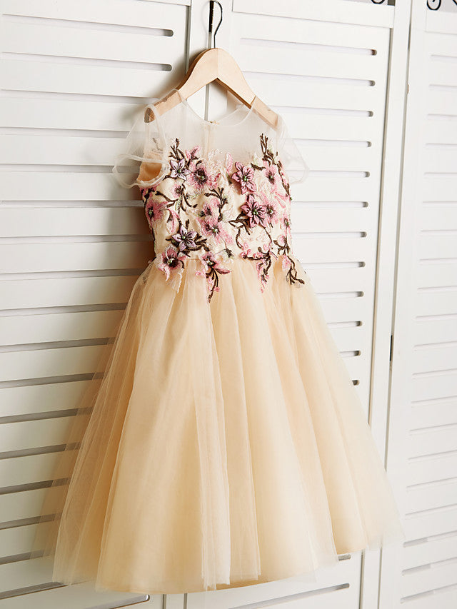 Gorgeous Embroidered Cap Sleeve Jewel Knee Length Flower Girl Dress-BallBride