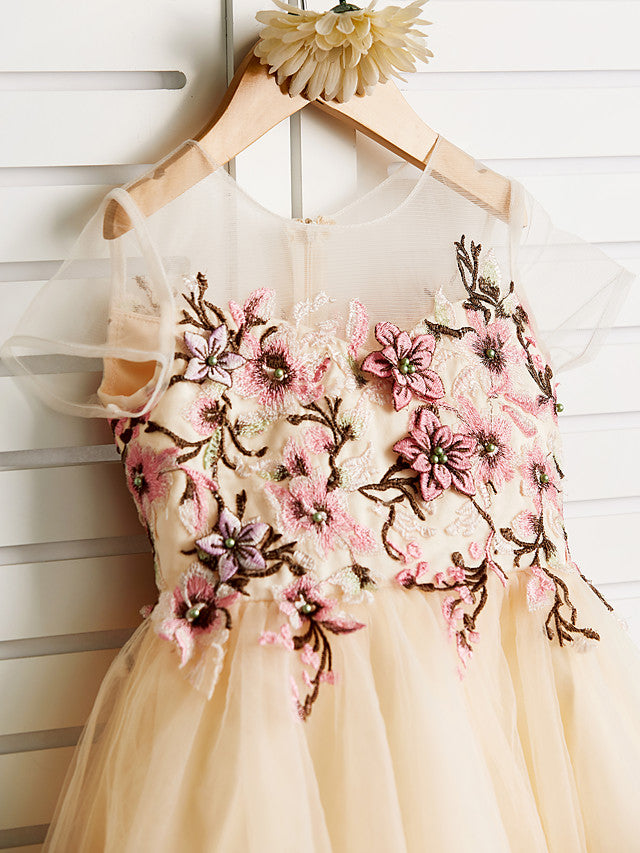 Gorgeous Embroidered Cap Sleeve Jewel Knee Length Flower Girl Dress-BallBride