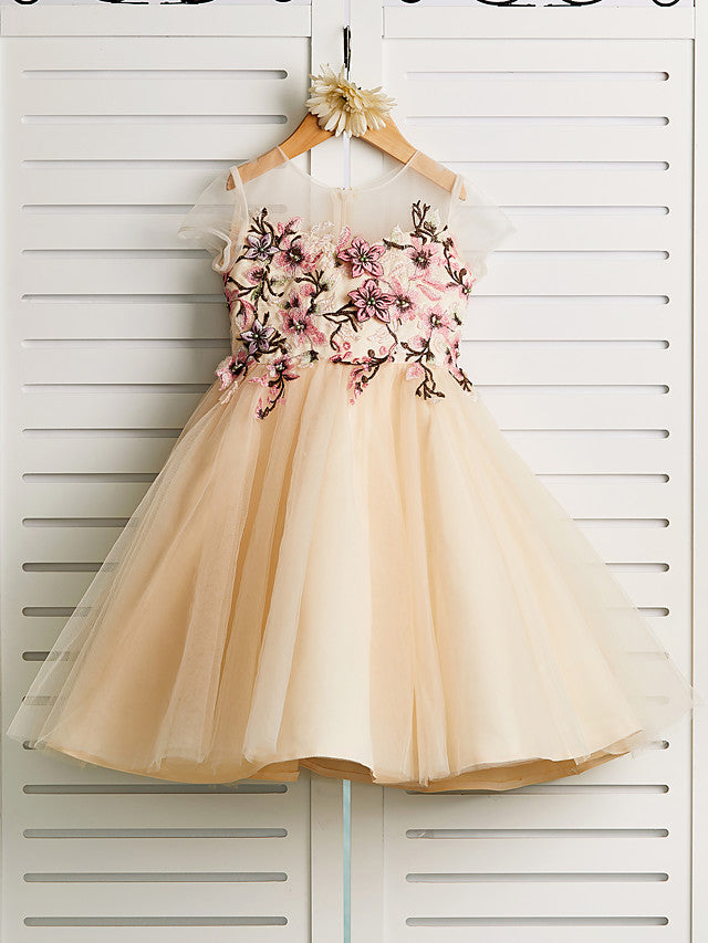 Gorgeous Embroidered Cap Sleeve Jewel Knee Length Flower Girl Dress-BallBride