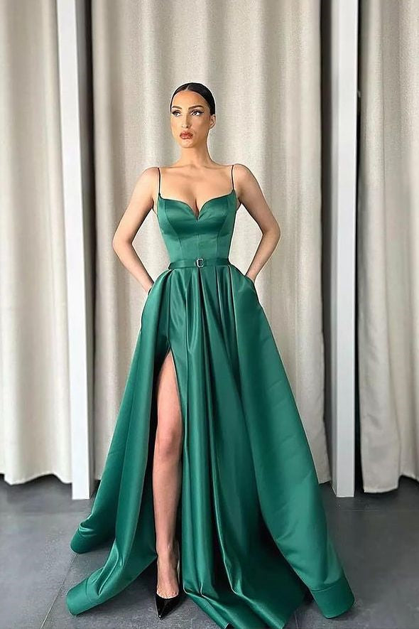 Gorgeous Emerald Prom Dress with Spaghetti-Straps and Pockets-BallBride