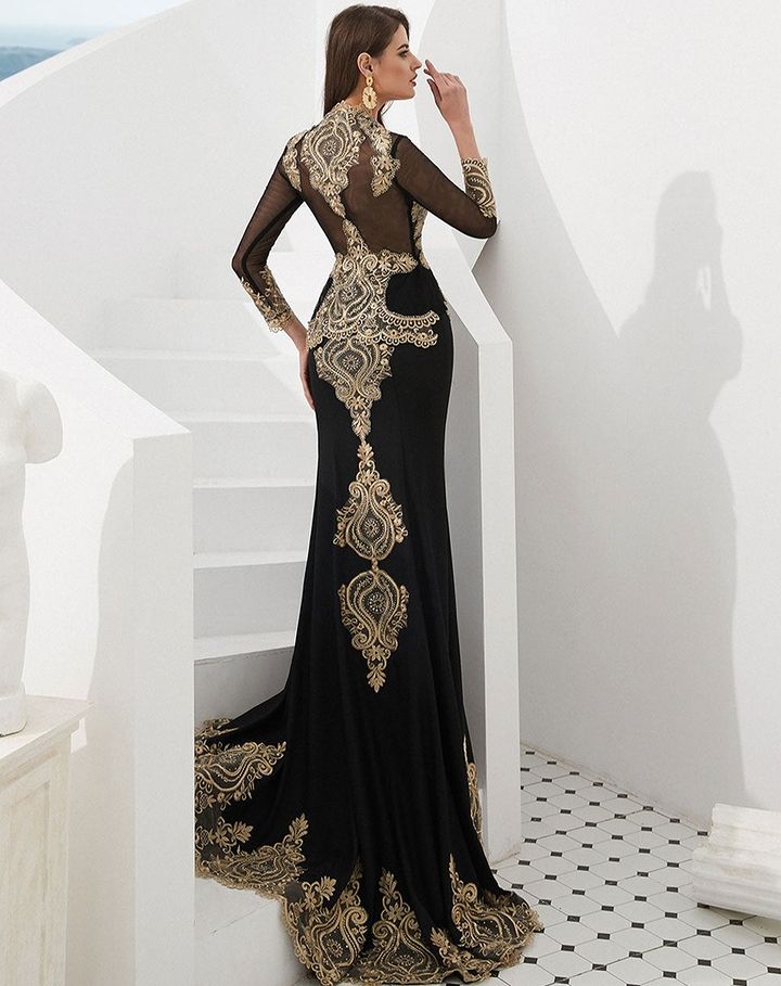 Gorgeous Gold Appliques Long Sleeves Mermaid Evening Dress with Cape-BallBride