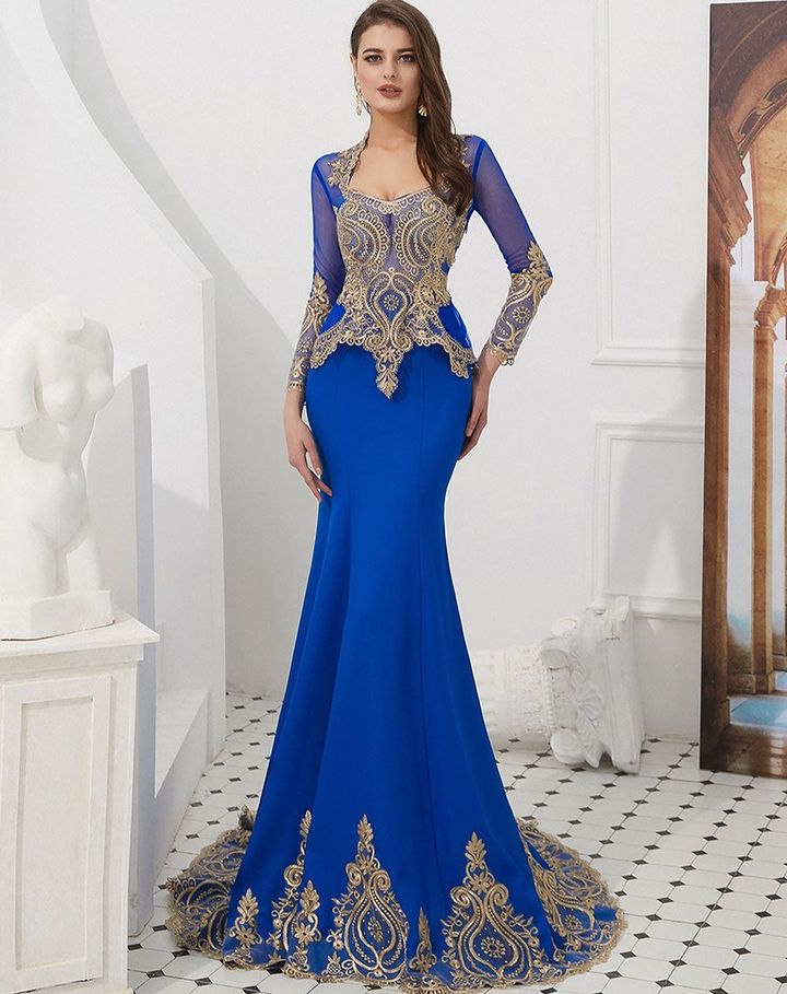 Gorgeous Gold Appliques Long Sleeves Mermaid Evening Dress with Cape-BallBride
