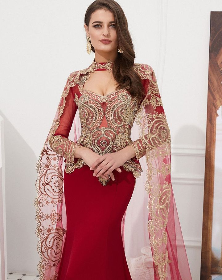 Gorgeous Gold Appliques Long Sleeves Mermaid Evening Dress with Cape-BallBride