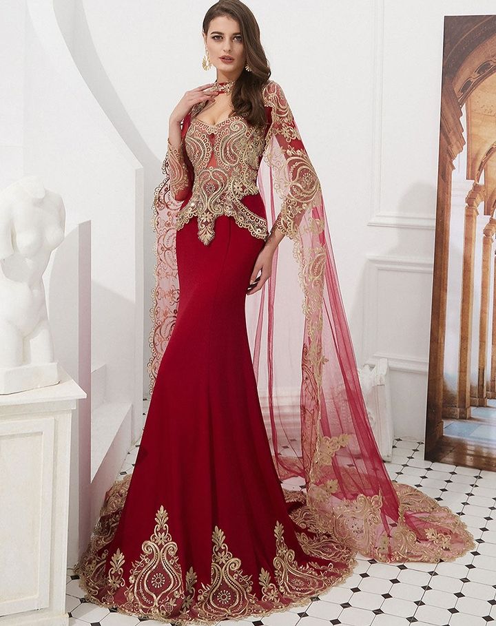 Gorgeous Gold Appliques Long Sleeves Mermaid Evening Dress with Cape-BallBride