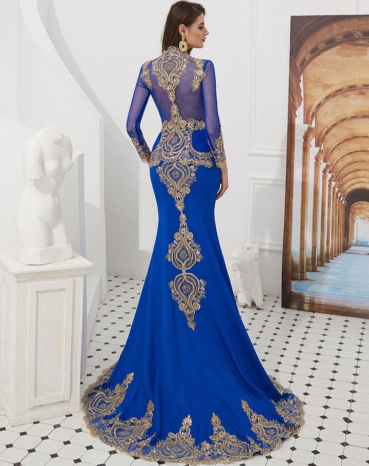 Gorgeous Gold Appliques Long Sleeves Mermaid Evening Dress with Cape-BallBride