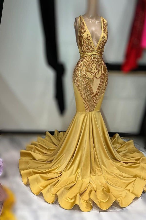 Gorgeous Gold Deep V-Neck Mermaid Prom Dress With Sequins Sleeveless-BallBride