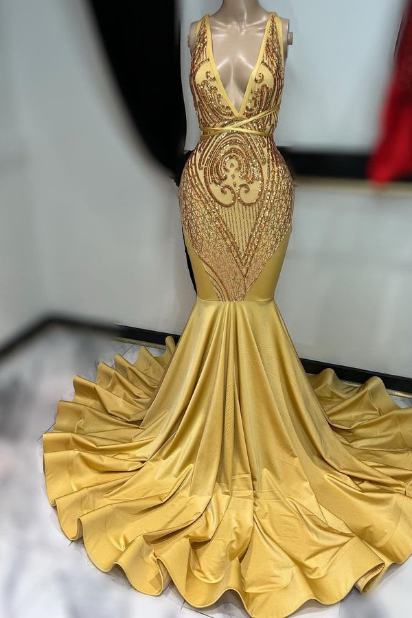 Gorgeous Gold Deep V-Neck Mermaid Prom Dress With Sequins Sleeveless-BallBride