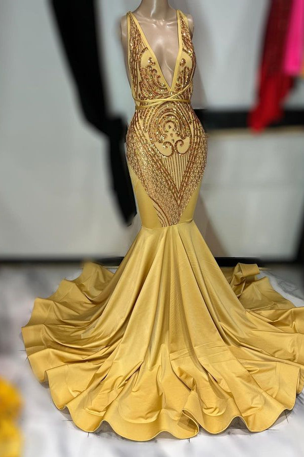 Gorgeous Gold Deep V-Neck Mermaid Prom Dress With Sequins Sleeveless-BallBride