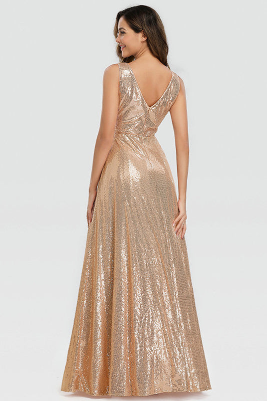 Gorgeous Gold Long Prom Dress with Sequins V-Neck Sleeveless-BallBride