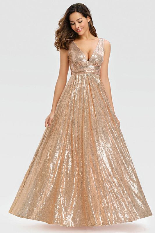 Gorgeous Gold Long Prom Dress with Sequins V-Neck Sleeveless-BallBride