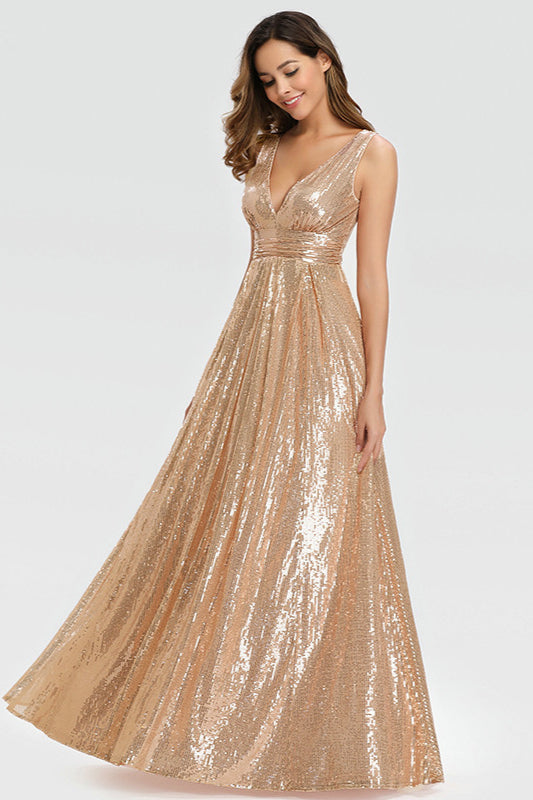 Gorgeous Gold Long Prom Dress with Sequins V-Neck Sleeveless-BallBride