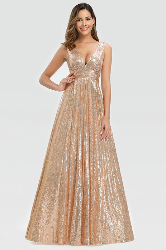 Gorgeous Gold Long Prom Dress with Sequins V-Neck Sleeveless-BallBride