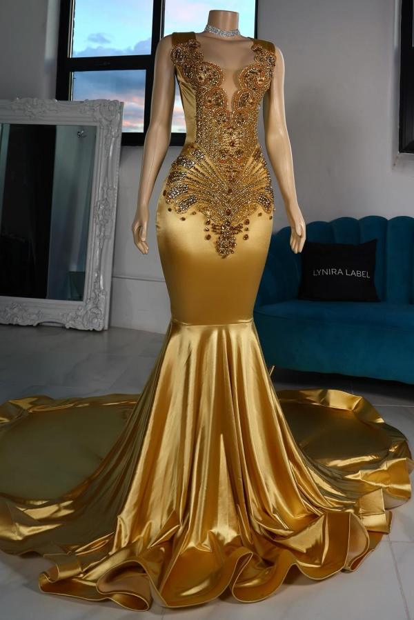 Gorgeous Gold Mermaid Satin Long Prom Dress with Beads and Rhinestones-BallBride