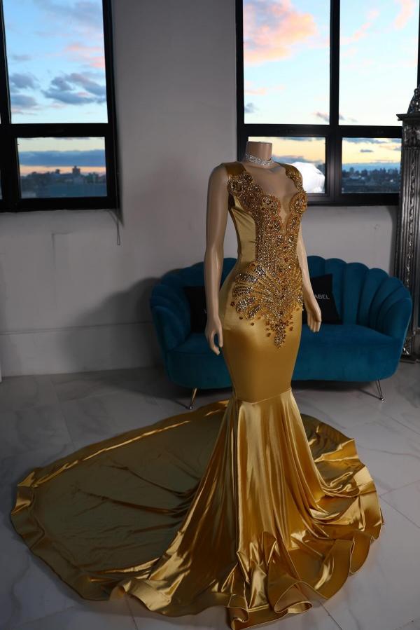 Gorgeous Gold Mermaid Satin Long Prom Dress with Beads and Rhinestones-BallBride