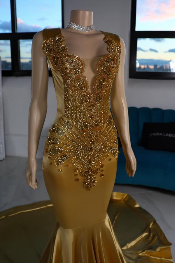 Gorgeous Gold Mermaid Satin Long Prom Dress with Beads and Rhinestones-BallBride