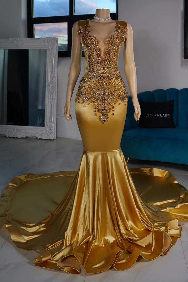 Gorgeous Gold Mermaid Satin Long Prom Dress with Beads and Rhinestones-BallBride