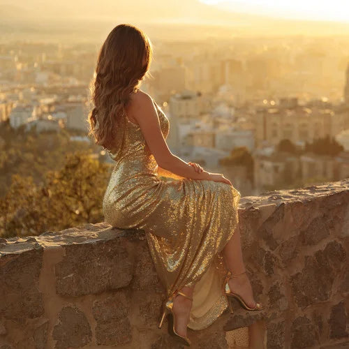 Gorgeous Gold Sequins Prom Dress Mermaid Drop Back Evening Gowns-BallBride