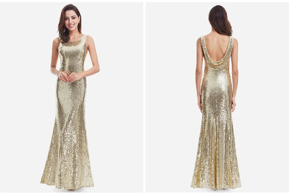 Gorgeous Gold Sequins Prom Dress Mermaid Drop Back Evening Gowns-BallBride
