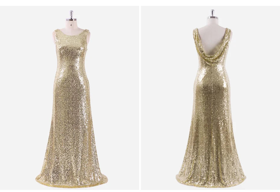 Gorgeous Gold Sequins Prom Dress Mermaid Drop Back Evening Gowns-BallBride