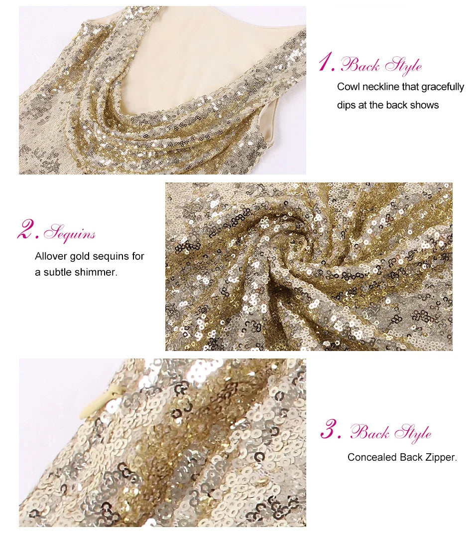 Gorgeous Gold Sequins Prom Dress Mermaid Drop Back Evening Gowns-BallBride