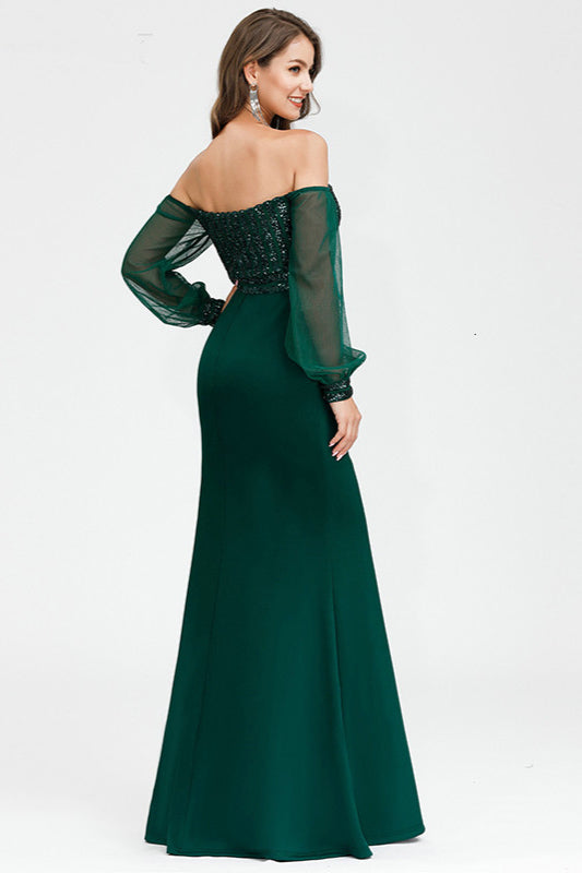 Gorgeous Green Long Sleeve Sequins Prom Dress Mermaid Evening Gown-BallBride