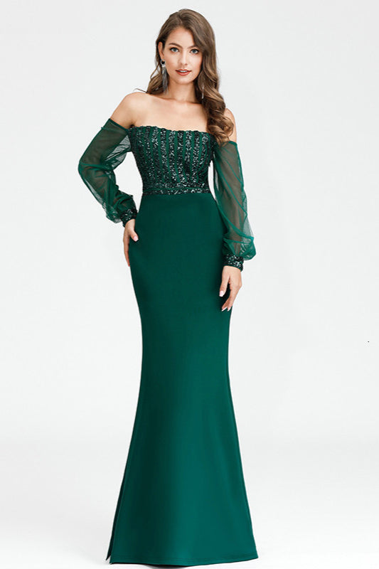 Gorgeous Green Long Sleeve Sequins Prom Dress Mermaid Evening Gown-BallBride