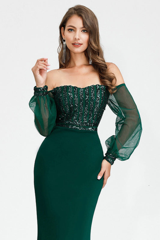 Gorgeous Green Long Sleeve Sequins Prom Dress Mermaid Evening Gown-BallBride