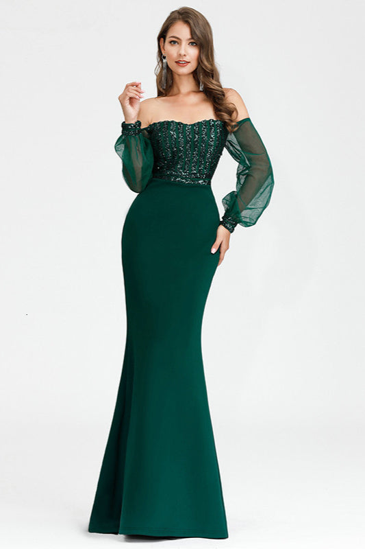 Gorgeous Green Long Sleeve Sequins Prom Dress Mermaid Evening Gown-BallBride