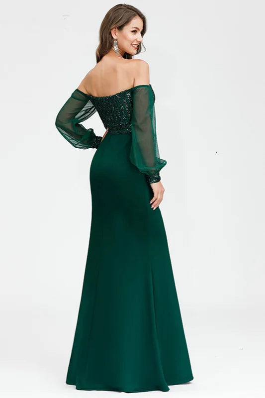 Gorgeous Green Long Sleeve Sequins Prom Dress Mermaid Evening Gowns-BallBride