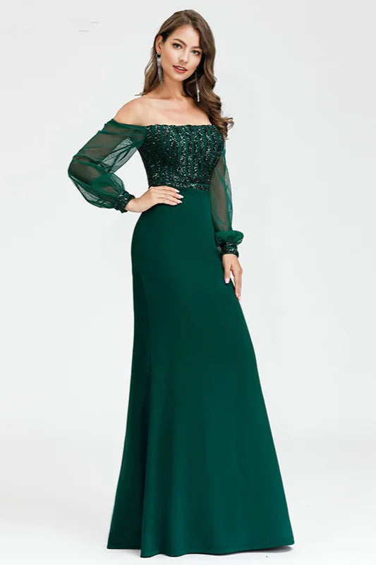 Gorgeous Green Long Sleeve Sequins Prom Dress Mermaid Evening Gowns-BallBride
