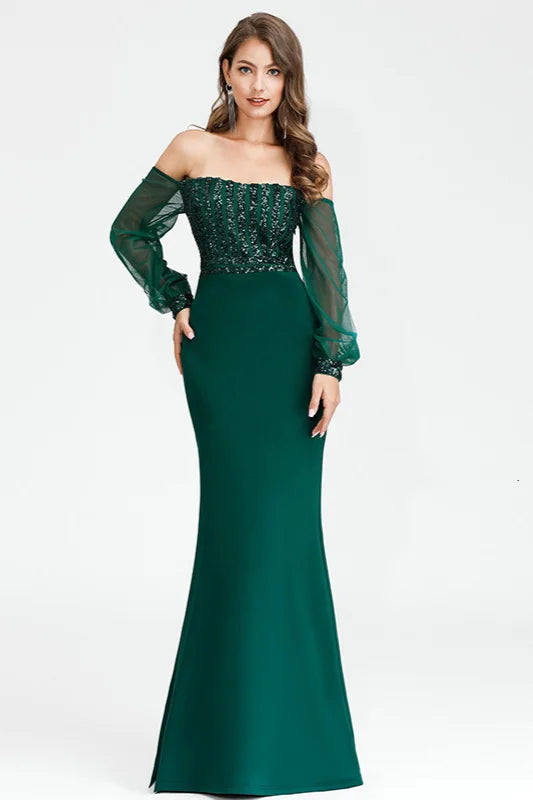 Gorgeous Green Long Sleeve Sequins Prom Dress Mermaid Evening Gowns-BallBride