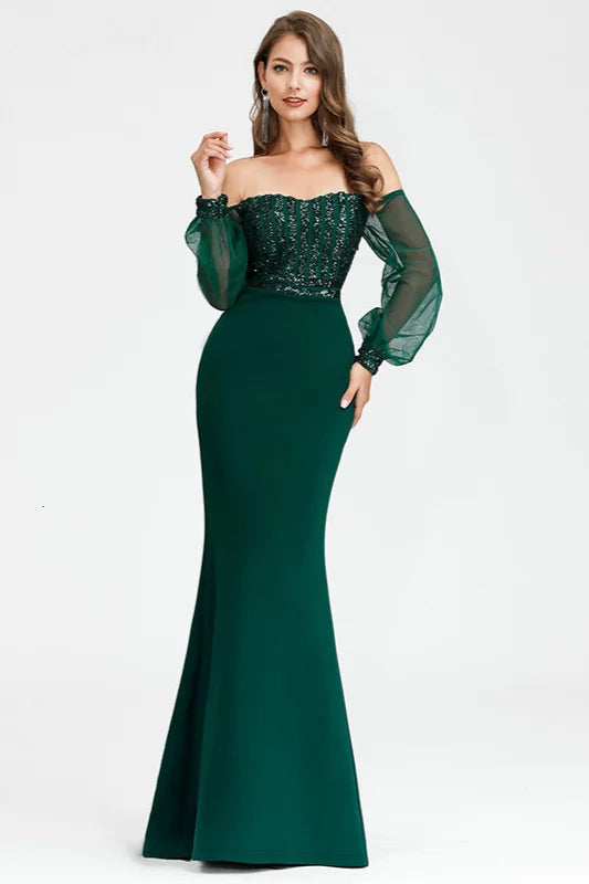 Gorgeous Green Long Sleeve Sequins Prom Dress Mermaid Evening Gowns-BallBride