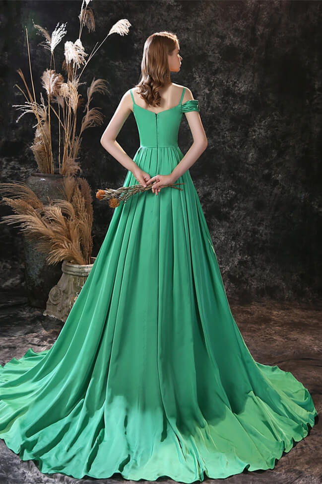 Gorgeous Green Off-the-Shoulder Long Prom Dress with Flower Embroidery-BallBride