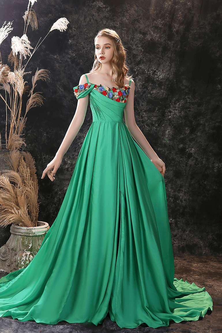 Gorgeous Green Off-the-Shoulder Long Prom Dress with Flower Embroidery-BallBride