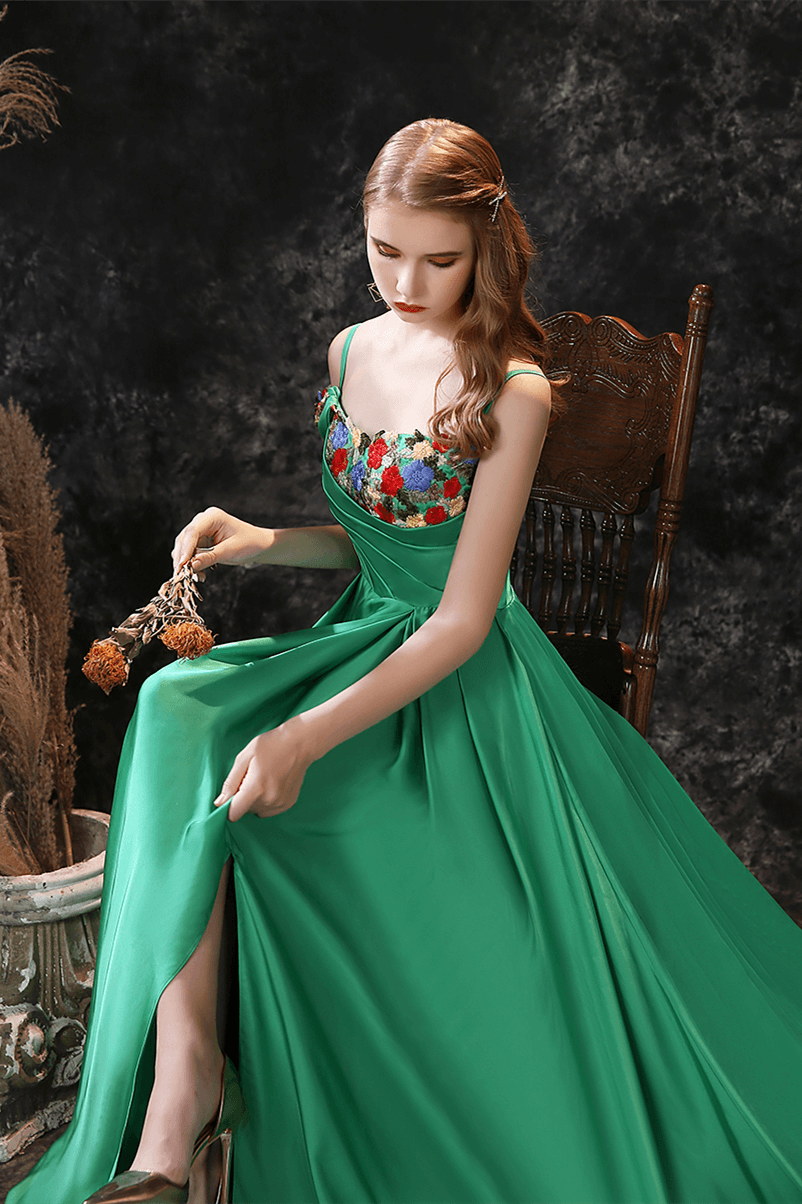 Gorgeous Green Off-the-Shoulder Long Prom Dress with Flower Embroidery-BallBride