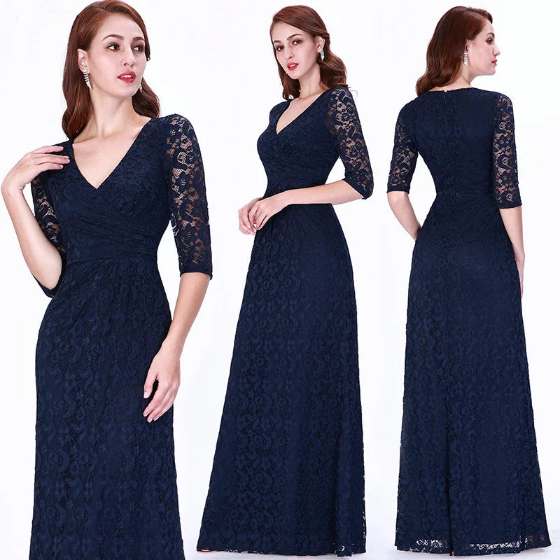 Gorgeous Half-Sleeve Lace Navy Evening Dresses Mermaid Prom Gowns-BallBride