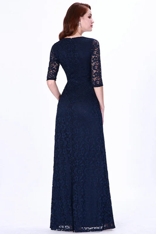 Gorgeous Half-Sleeve Lace Navy Evening Dresses Mermaid Prom Gowns-BallBride