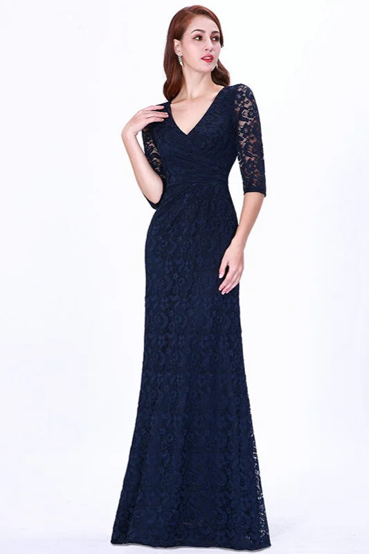 Gorgeous Half-Sleeve Lace Navy Evening Dresses Mermaid Prom Gowns-BallBride