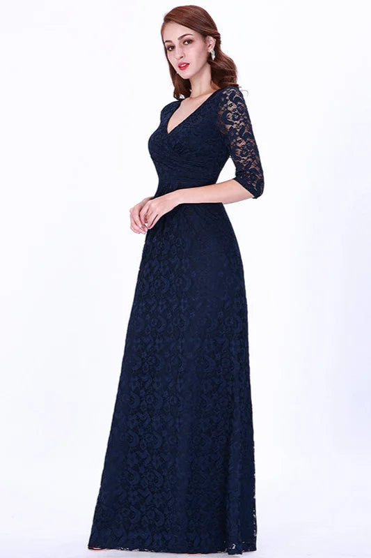 Gorgeous Half-Sleeve Lace Navy Evening Dresses Mermaid Prom Gowns-BallBride