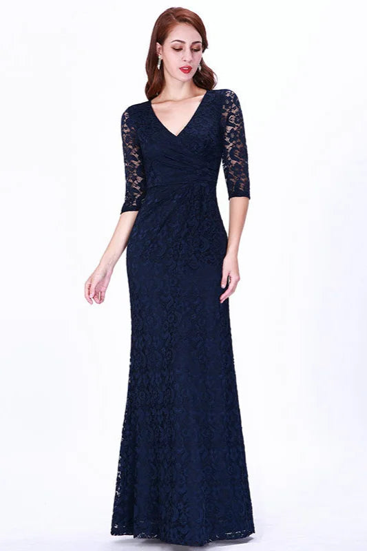 Gorgeous Half-Sleeve Lace Navy Evening Dresses Mermaid Prom Gowns-BallBride