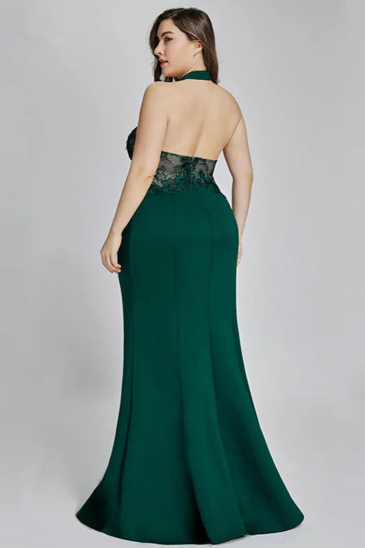 Gorgeous Halter Lace Mermaid Plus Size Evening Dress Online-BallBride