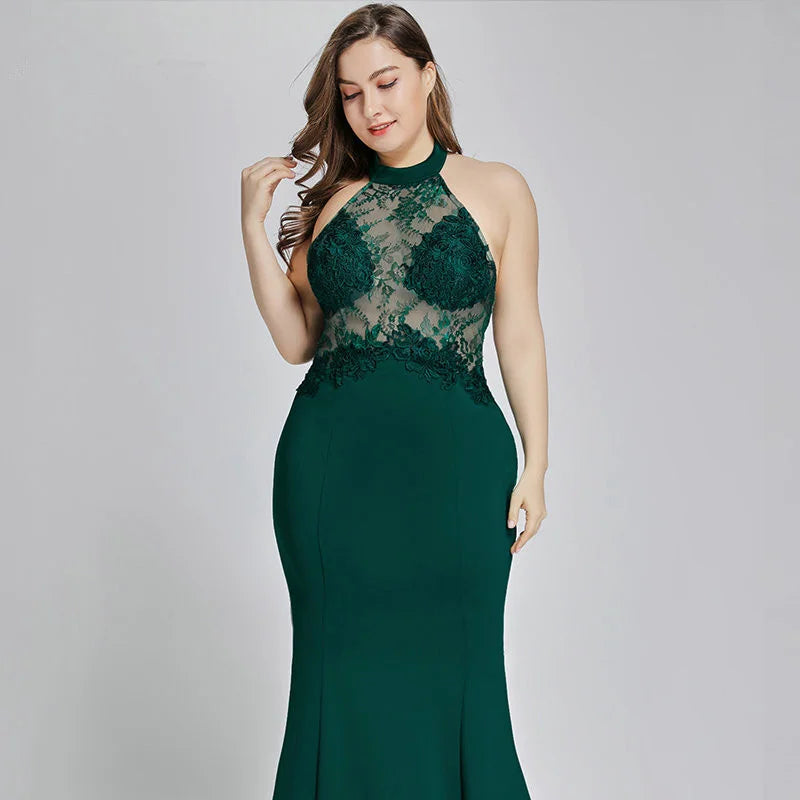 Gorgeous Halter Lace Mermaid Plus Size Evening Dress Online-BallBride