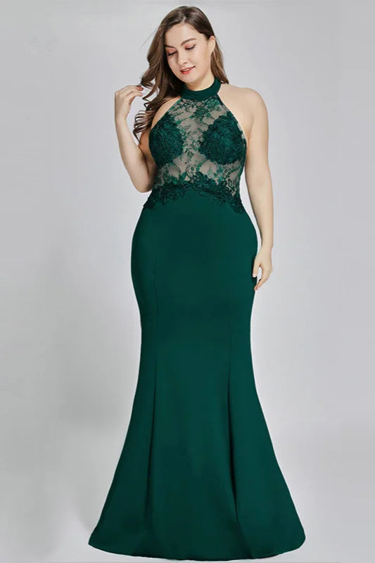 Gorgeous Halter Lace Mermaid Plus Size Evening Dress Online-BallBride