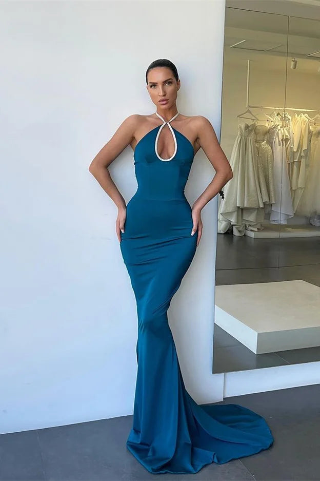 Gorgeous Halter Sleeveless Mermaid Evening Dress Long Keyhole Online-BallBride